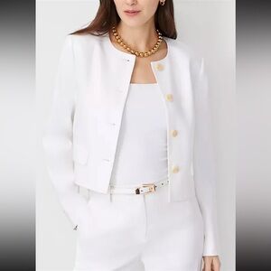 NWT Ann Taylor TALL Cropped Herringbone Linen Blend Jacket Blazer White 8T 8 NEW